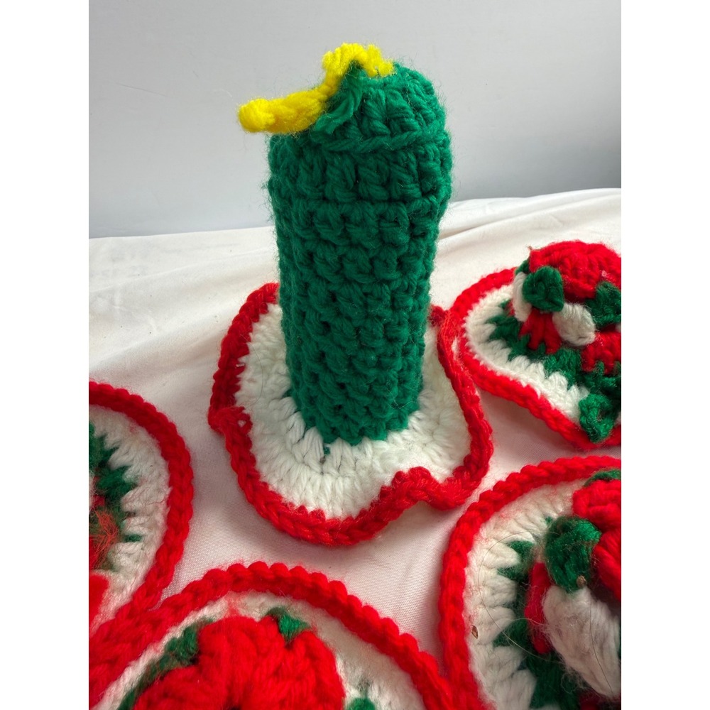 Handmade Crochet Christmas Candle Holder Set Red Green White Jingle Bells 5pc